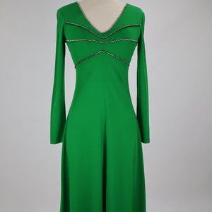 ❄ Vtg 1970's Emerald Green Silver Rhinestones Dress Gown Party Cocktail Holiday